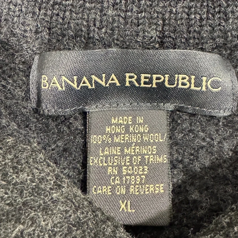 VTG Banana Republic Men's XL Merino Wool 1/4 Button Mock Neck Pullover Grey